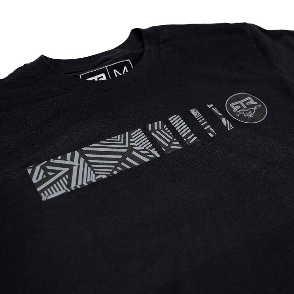 Ford Mustang x RTR Collection Frames Long Sleeve T-Shirt featuring a grey geometric stripe graphic and logo with a leaping animal motif on the chest.