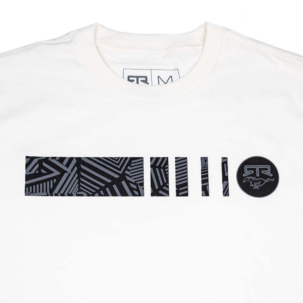 Ford Mustang x RTR Collection Frames Long Sleeve T-Shirt featuring a white base with black-gray geometric graphics and RTR badge, showcasing Mustang and RTR collaboration.