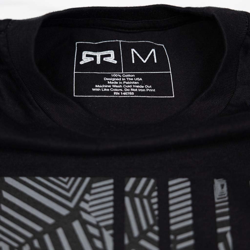 Inside back view of Ford Mustang x RTR Collection Frames Long Sleeve T-Shirt, showing label details and a glimpse of the front-print pattern.