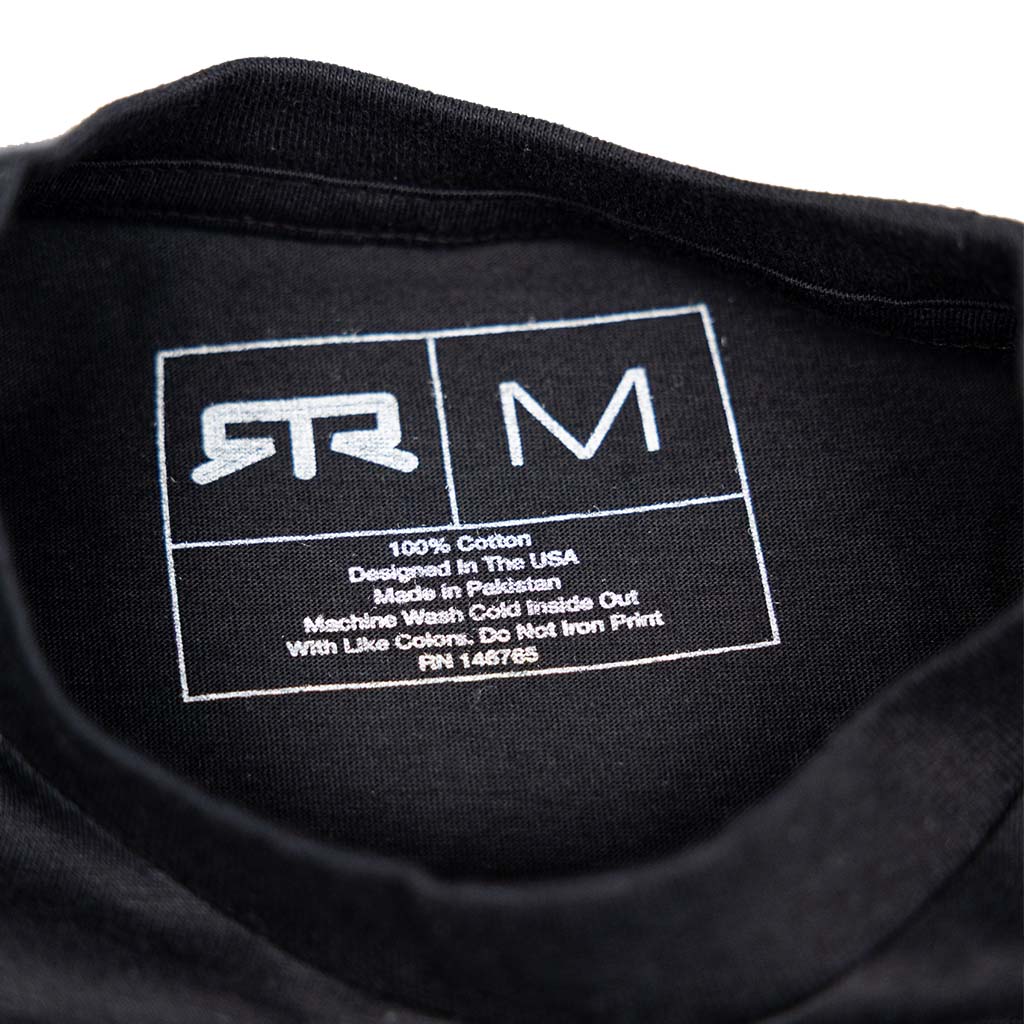 Inside collar of Ford Mustang x RTR Collection Pocket T-Shirt displaying logo, medium size, 100% cotton, care instructions, and origin details, emphasizing Ready to Rock™ lifestyle.