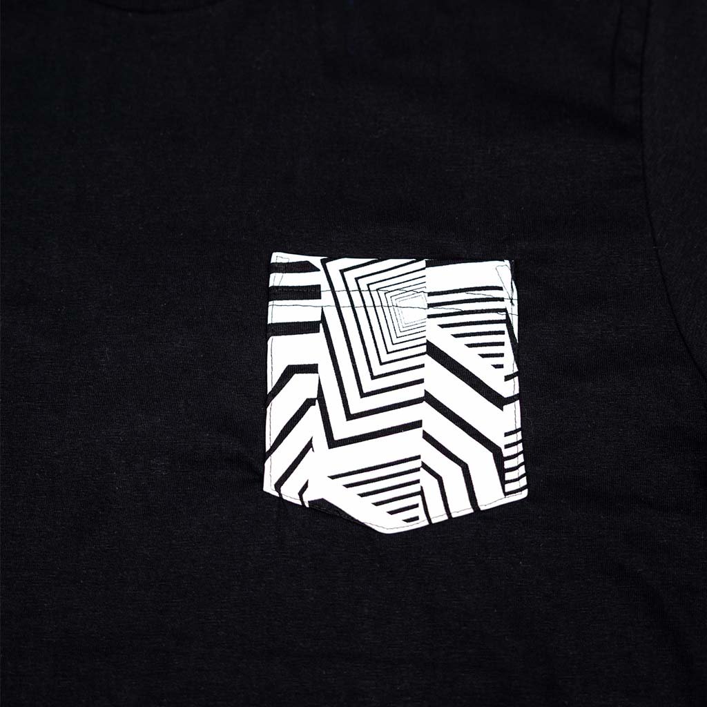 Ford Mustang x RTR Collection Pocket T-Shirt featuring a black base with a white geometric-patterned pocket, reflecting RTR’s signature dazzle camo design.