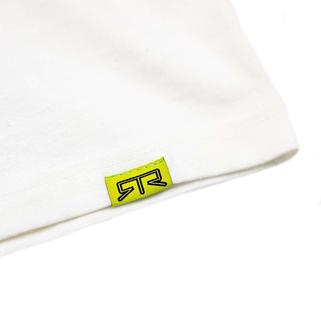 Close-up of the Ford Mustang x RTR Collection Pocket T-Shirt hem, featuring a neon label with a stylized black RR logo.