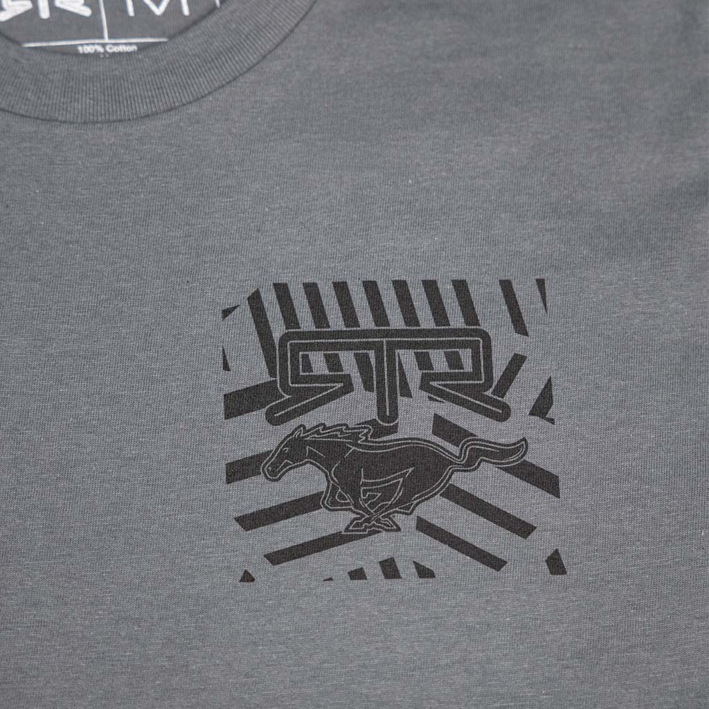 Ford Mustang x RTR Collection Pony T-Shirt featuring STRMR logo, galloping horse silhouette, and radiating stripes, crafted from soft grey cotton for comfort and style.