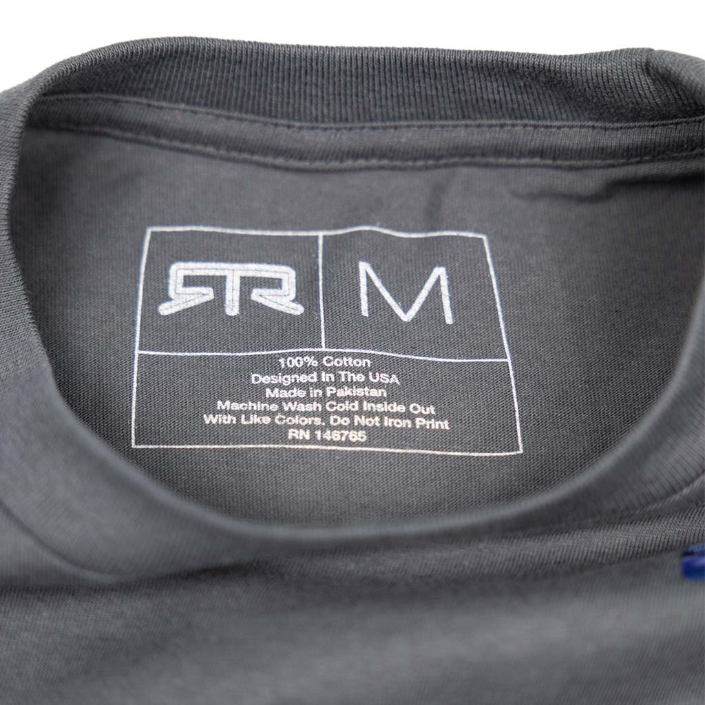 Ford Mustang x RTR Collection Pony T-Shirt, interior neckline showing brand logo, size M, 100% cotton, care instructions, highlighting its refined, performance-inspired design.