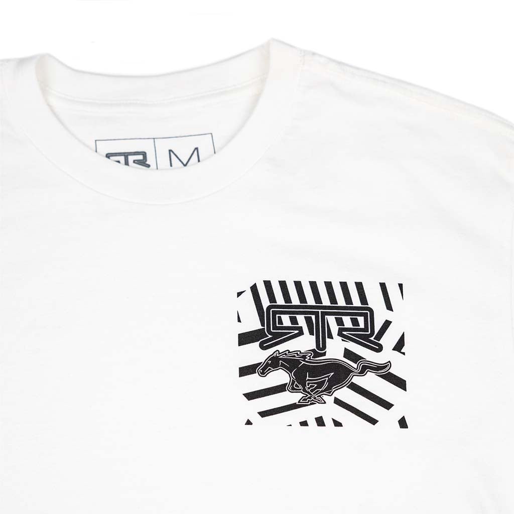 Ford Mustang x RTR Collection Pony T-Shirt featuring a black and white chest graphic with bold diagonal stripes and STR lettering above a running-horse silhouette.