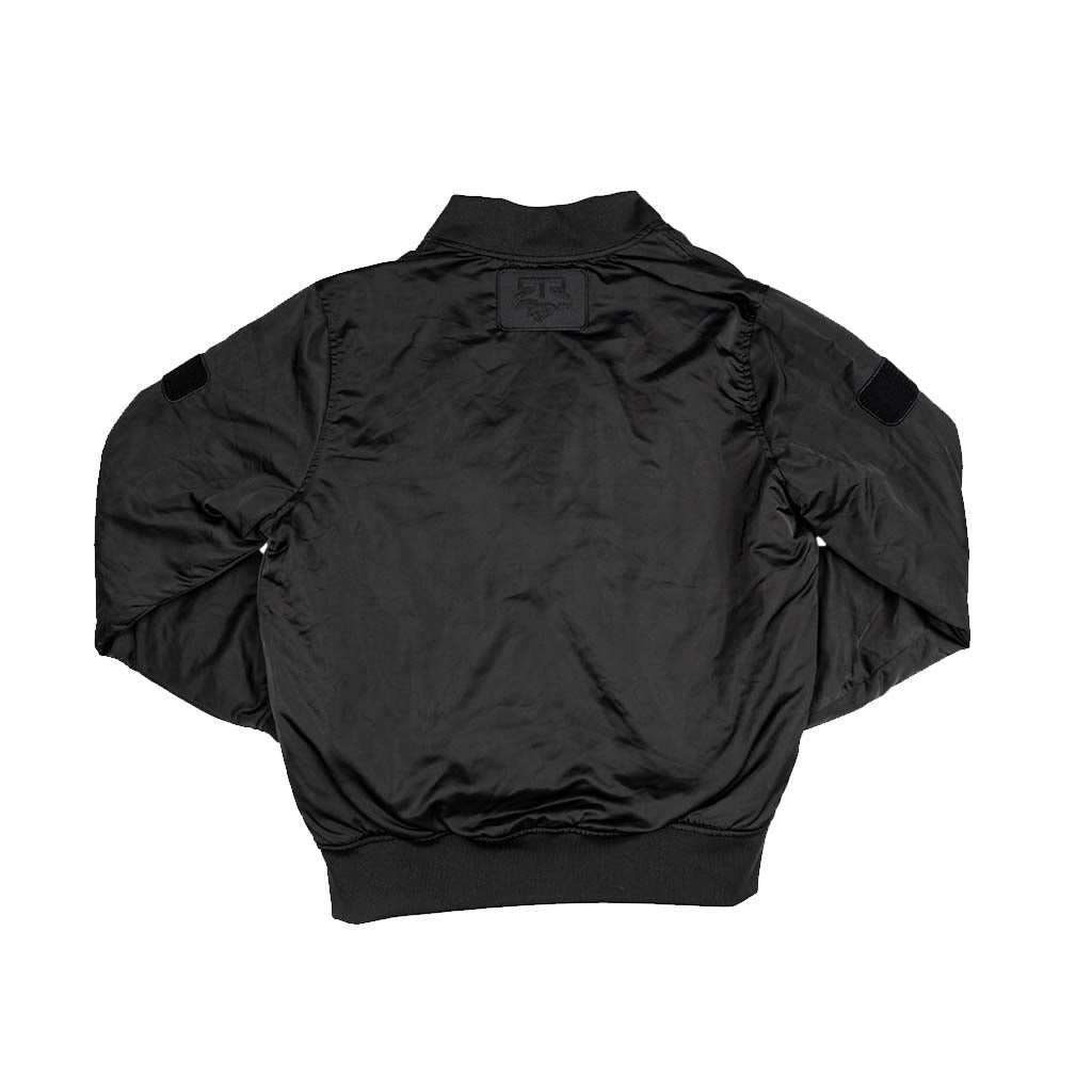 Black RTR Stealth bomber jacket on a white background