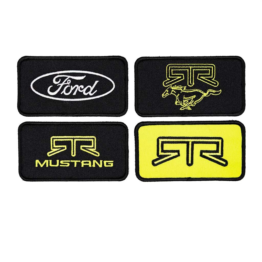 Ford Mustang x RTR Collection Stealth Jacket with four interchangeable Velcro patches, including Ford logo and RTR emblems, highlighting customizable and performance-inspired design.