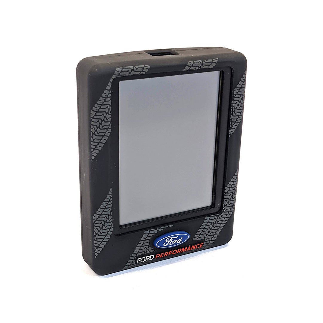 Ford Performance EcoBoost Calibration (24+ Mustang) device with rubberized bumper, touch screen, and Ford logo, used for enhancing Mustang performance through ECU flashing.