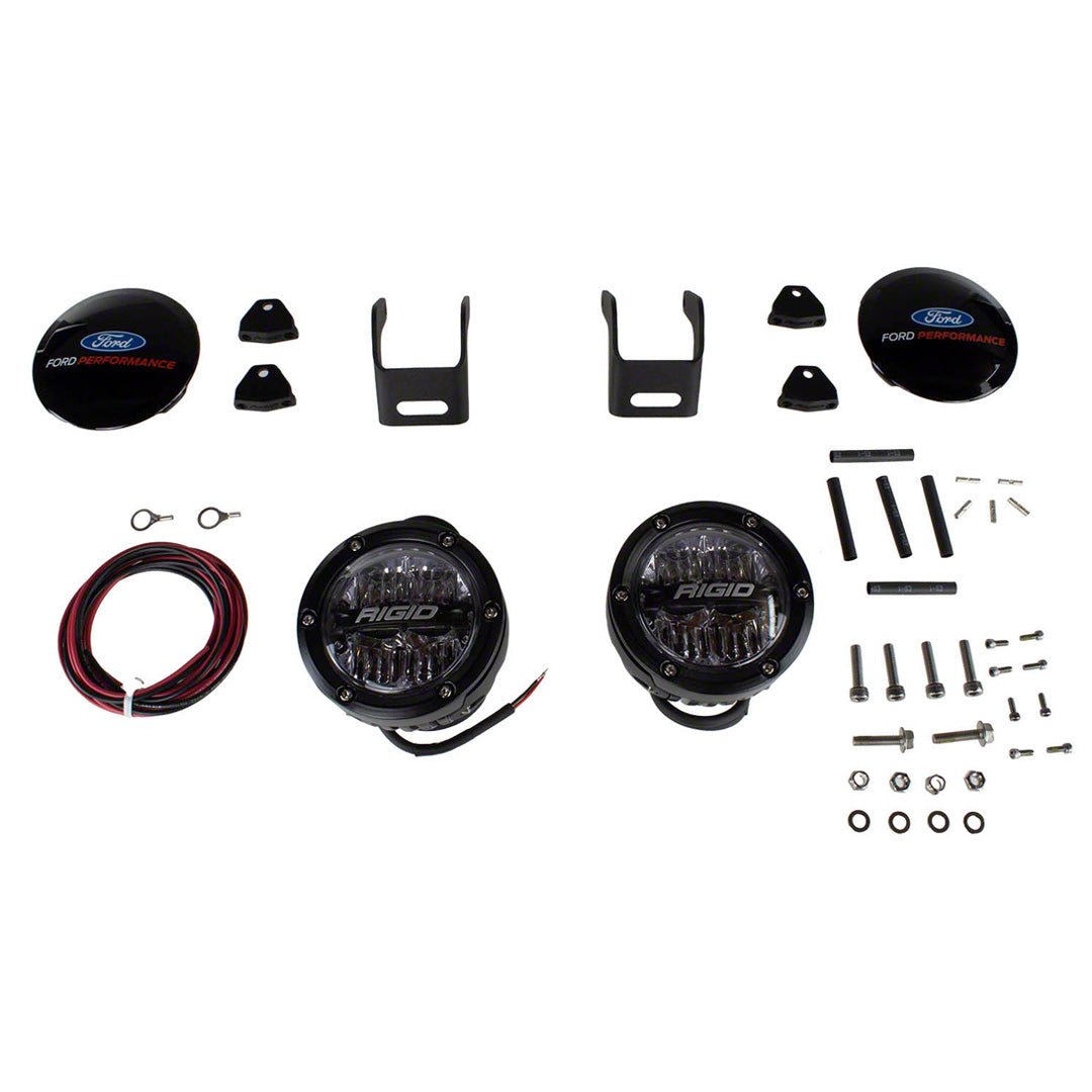 Ford Performance by RIGID® Mirror-Mounted Off-Road Light Kit (21+ Bronco) featuring two LED lights, lens caps, wiring, mounting brackets, and hardware for Bronco installation.