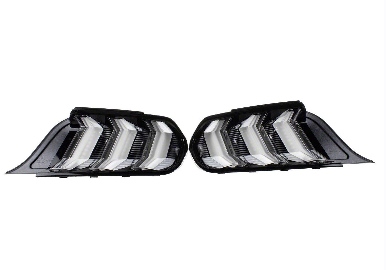 Ford Performance Clear Tail Lamp Kit (18-23 Mustang) features three vertical LED bars, black housing, clear lenses, and sequential turn signals for a modern Mustang look.