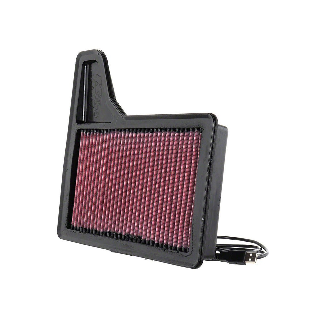 Ford Performance EcoBoost Calibration (18-23 Mustang) featuring a high-flow panel air filter with red-tinted pleats in a black frame for enhanced engine performance.
