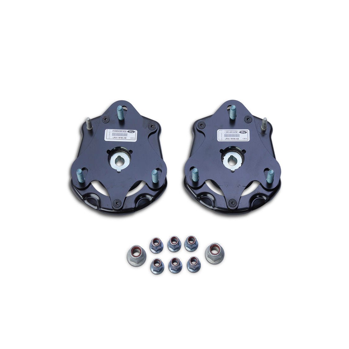 Ford Performance Front Strut Mount with Adjustable Camber for 2015+ Mustang, featuring black triangular metal plates with three studs and eight nuts for suspension tuning.