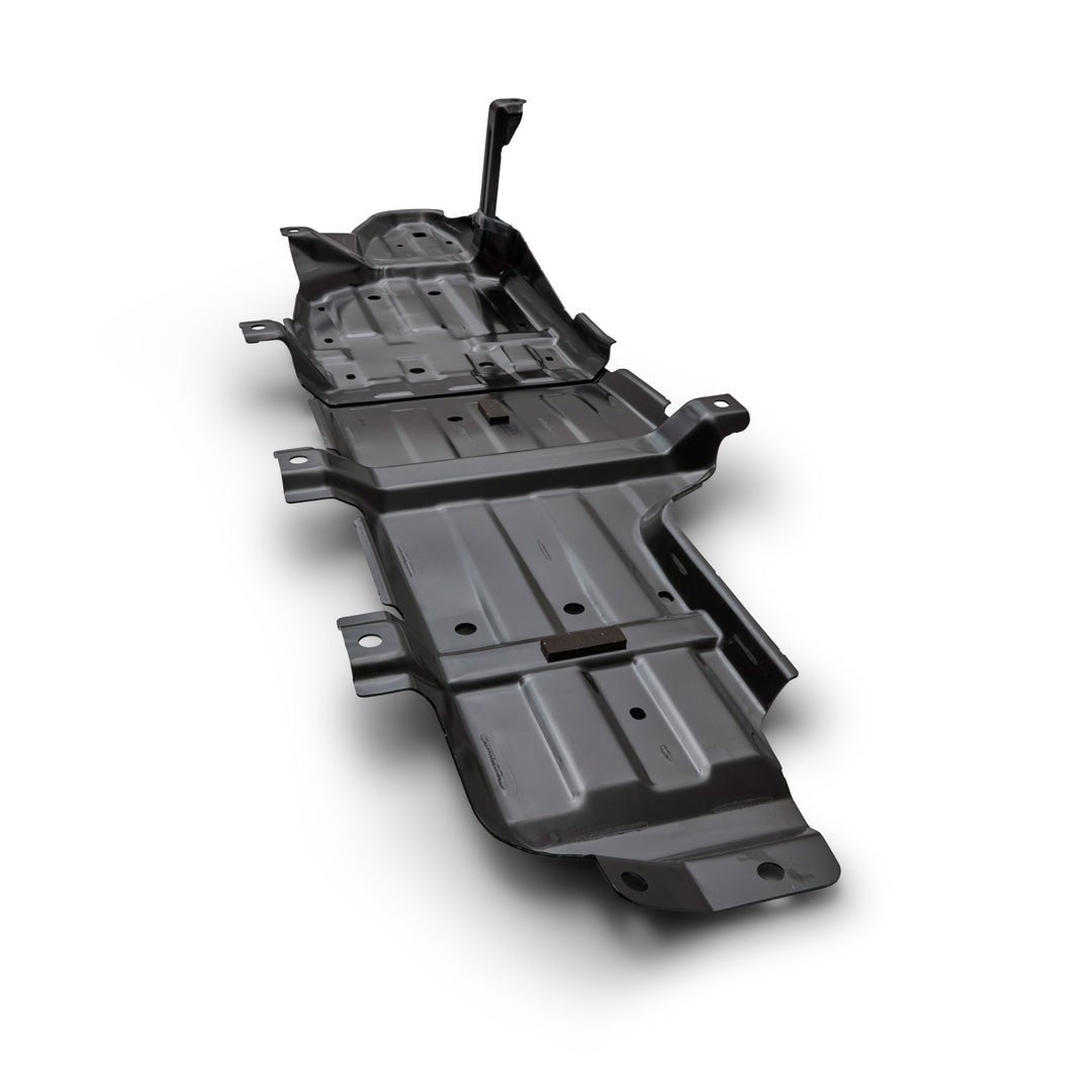 Ford Performance Fuel Tank Skid Plate for 21+ Bronco, a black contoured metal sheet with mounting tabs, designed for underbody protection during off-road adventures.