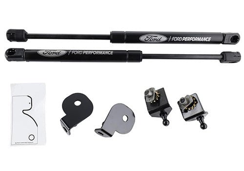 Ford Performance Hood Lift Kit (15-23 Mustang) includes gas-filled struts, mounting brackets, template, and ball-stud fittings for hands-free hood operation.