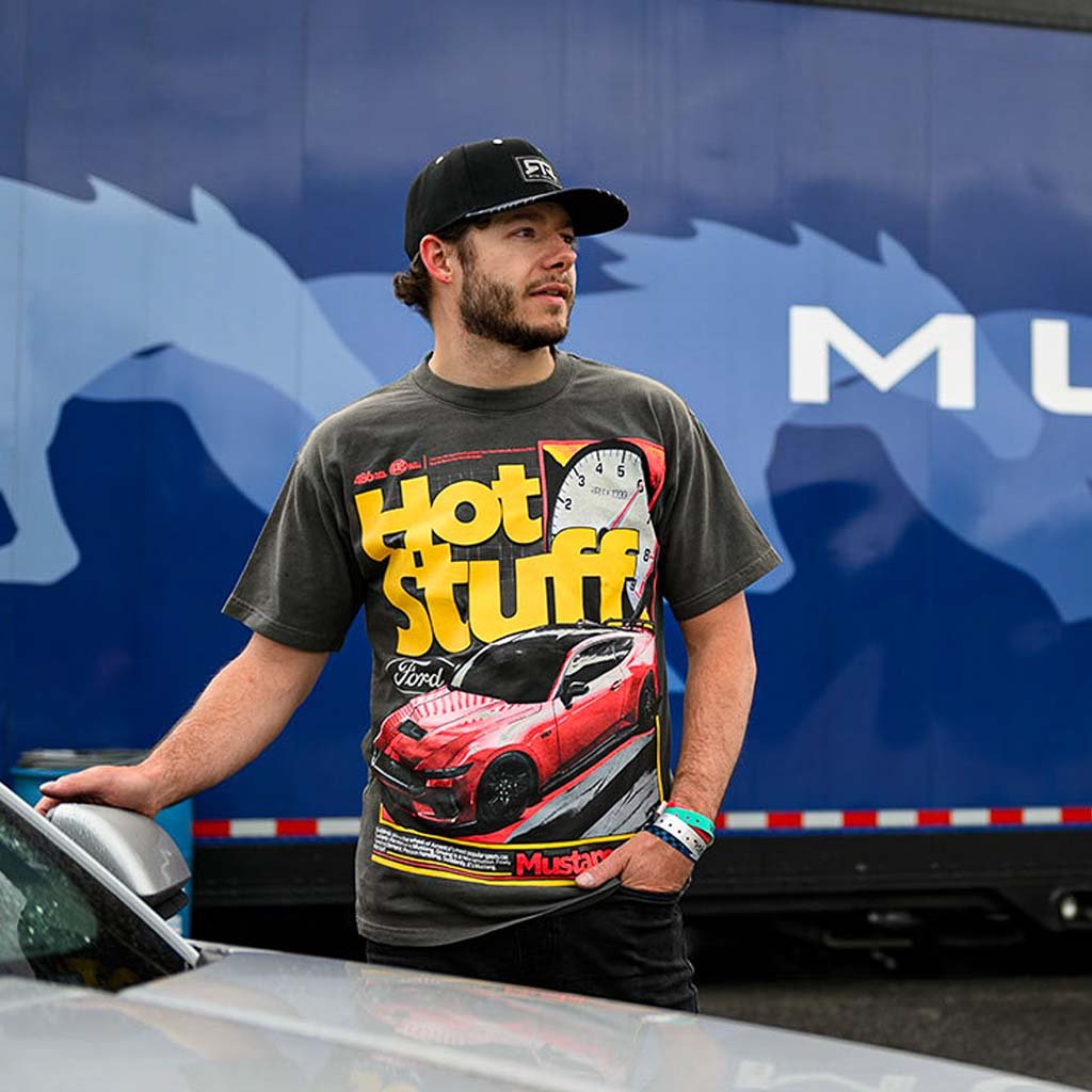 Hot Stuff Ford Mustang T-Shirt featuring a bold graphic of a 2024 Mustang GT with retro speedometer design on a relaxed-fit, heavyweight cotton fabric.