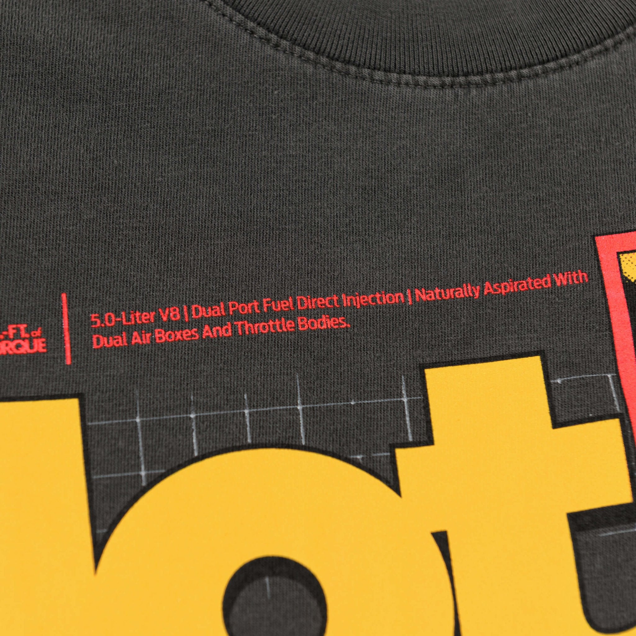 Hot Stuff Ford Mustang T-Shirt featuring a graphic Race Red Mustang GT with retro speedometer design on a relaxed-fit, heavyweight cotton tee.