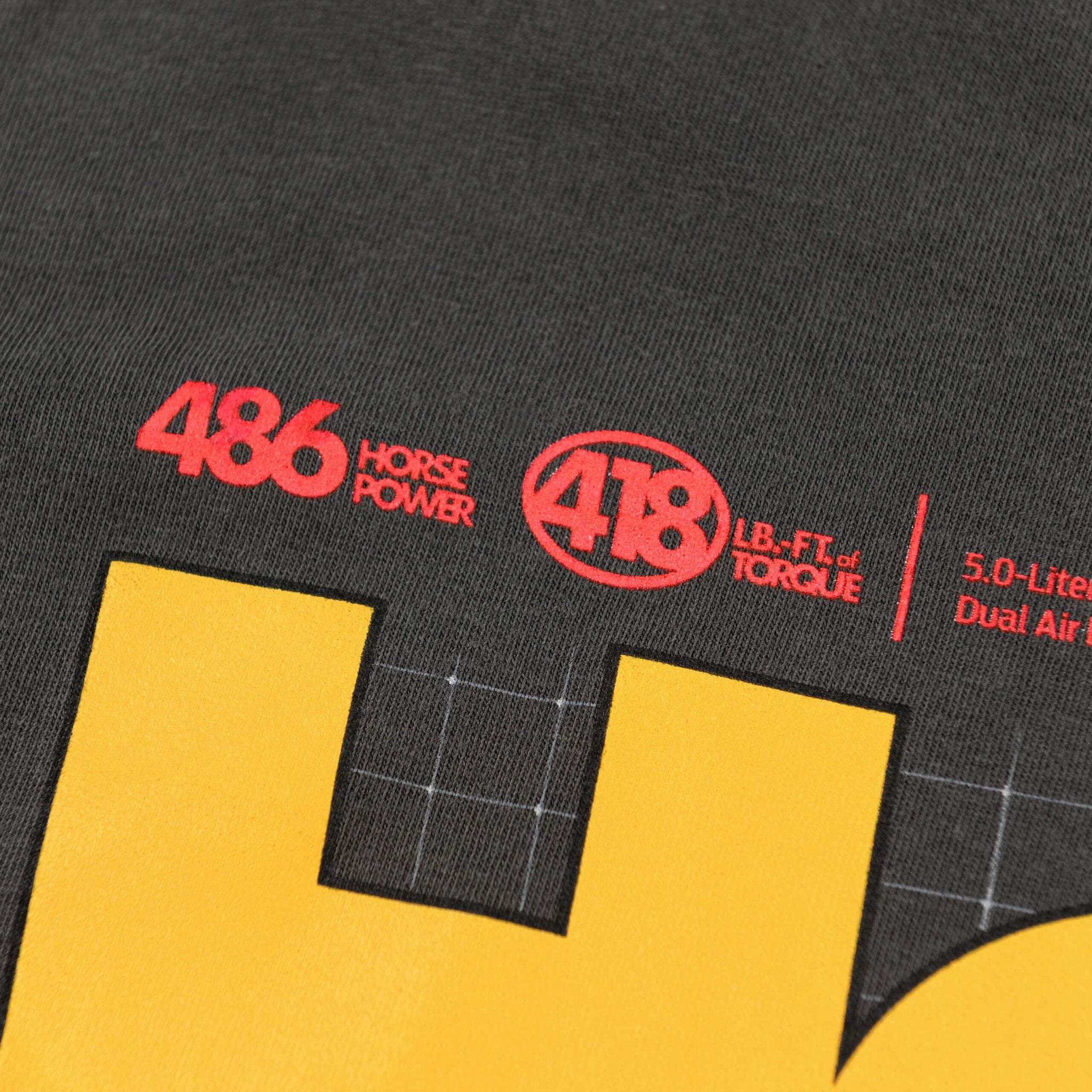 Hot Stuff Ford Mustang T-Shirt featuring a graphic Race Red 2024+ Mustang GT and retro speedometer design on a relaxed-fit, tagless cotton tee.