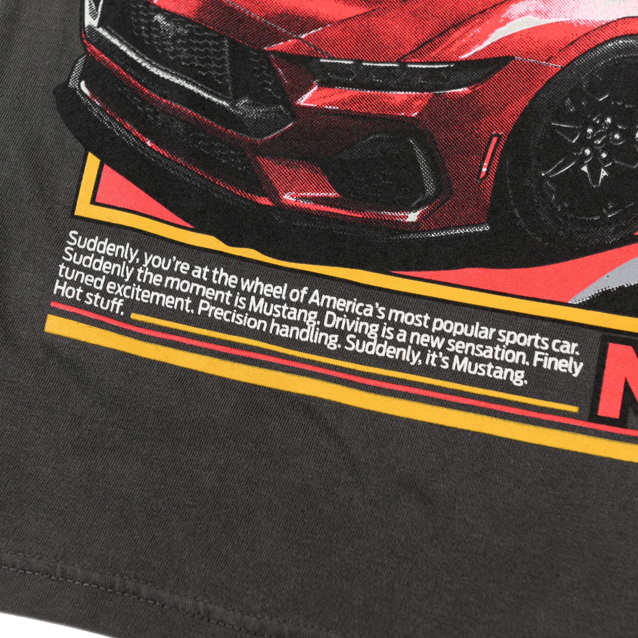 Hot Stuff Ford Mustang T-Shirt featuring a bold graphic of a Race Red 2024+ Mustang GT with retro speedometer flair on a relaxed-fit cotton tee.