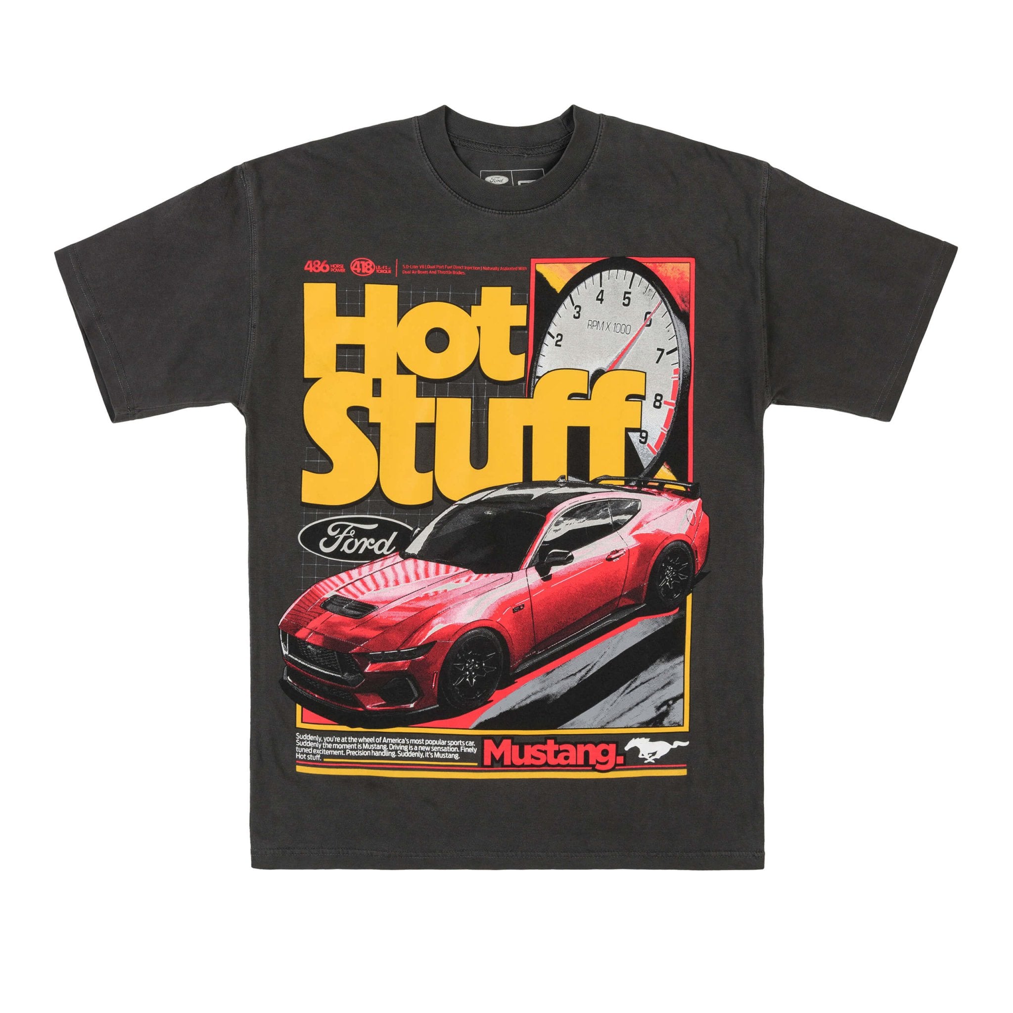 Hot Stuff Ford Mustang T-Shirt features a Race Red 2024+ Mustang graphic on heavyweight cotton, celebrating Mustang's legacy with retro speedometer flair.