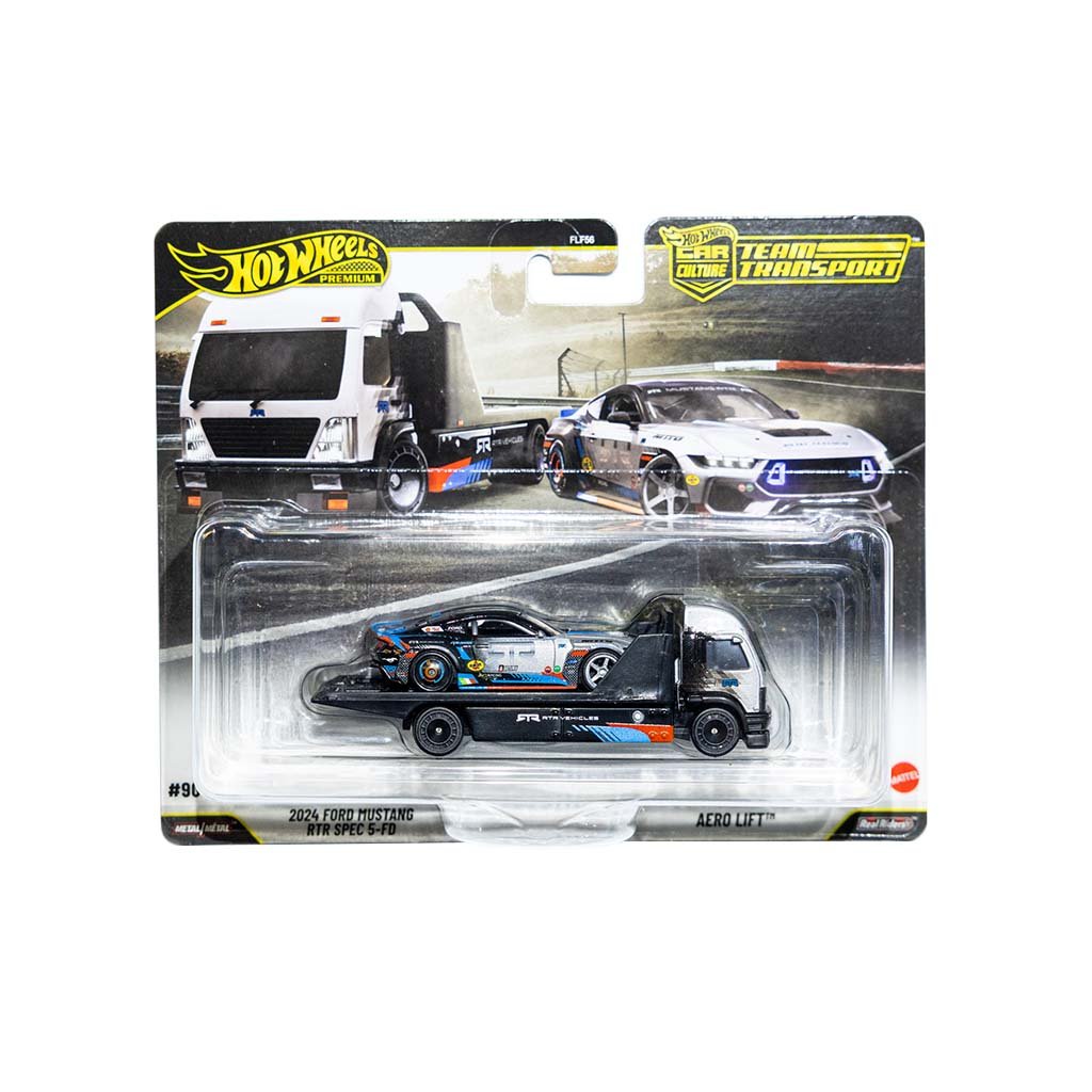 Limited Edition 1/64th scale James Deane 2024 Ford Mustang RTR Spec 5 - FD Hot Wheels with transporter diecast front package view.
