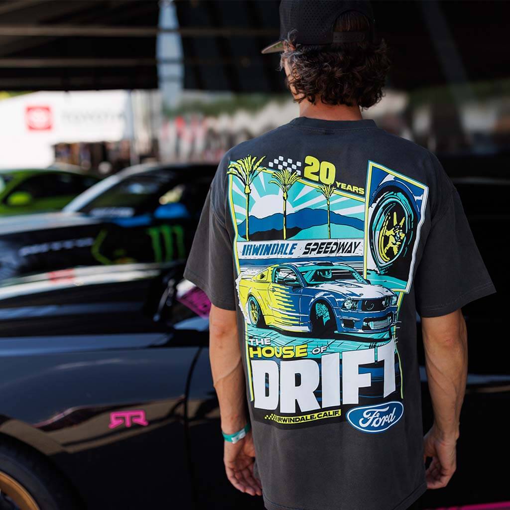 House of Drift T-Shirt featuring Vaughn Gittin Jr.'s Mustang RTR graphic, celebrating Irwindale Speedway's legacy; soft, durable 100% cotton with relaxed fit.