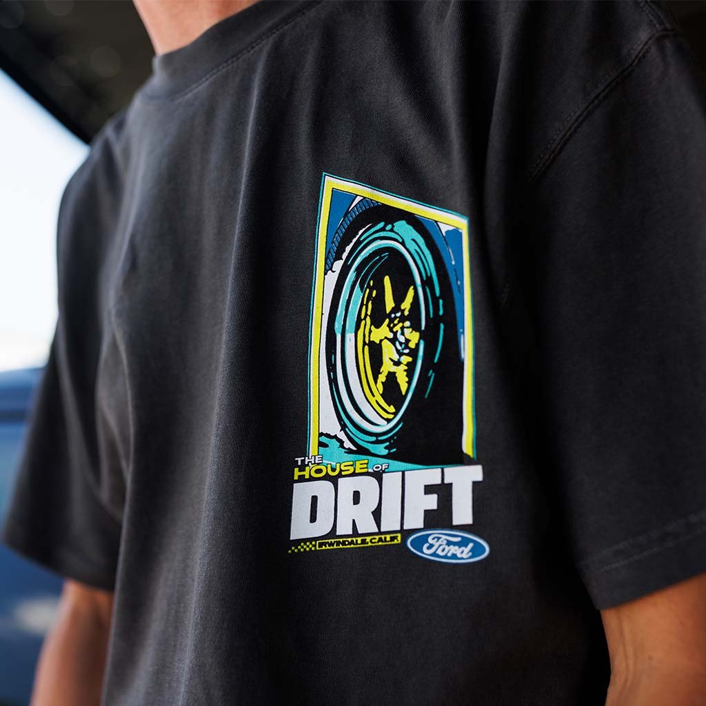 House of Drift T-Shirt featuring Vaughn Gittin Jr.'s Mustang RTR at Irwindale Speedway, with bold back graphic and smaller front design, in premium cotton.