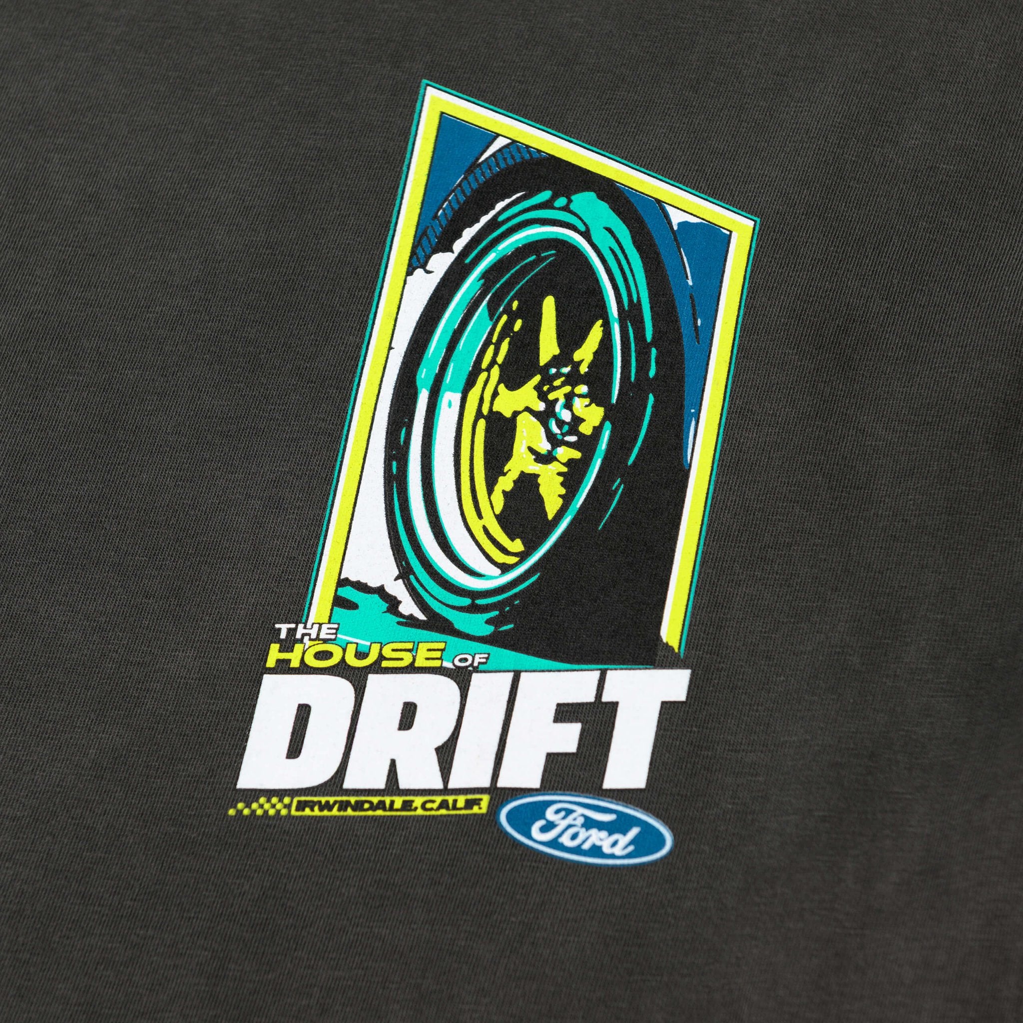 House of Drift T-Shirt featuring a graphic of Vaughn Gittin Jr.’s Mustang RTR, celebrating Irwindale Speedway's drifting legacy.