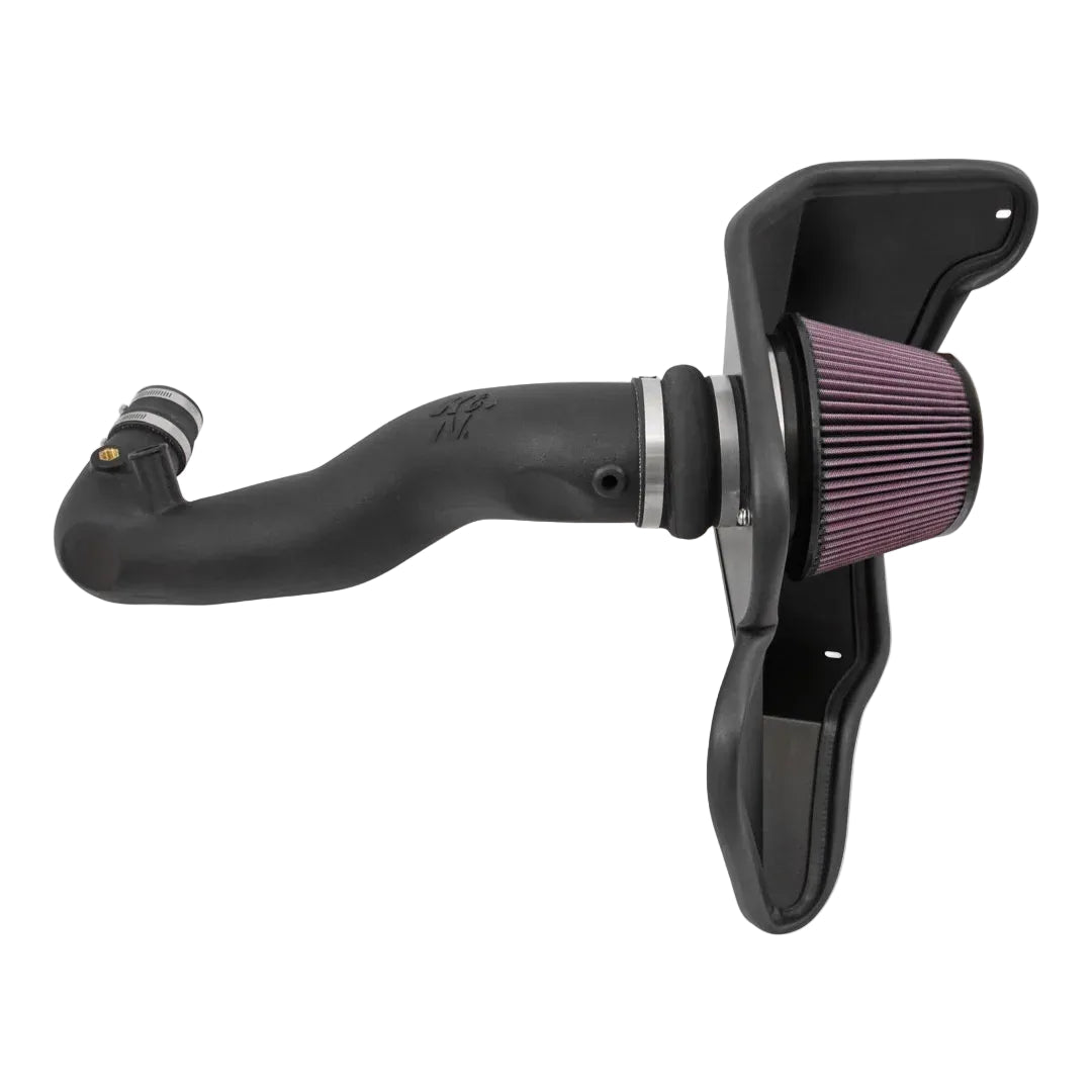 Black K&N Mustang air intake system with a red filter on a white background