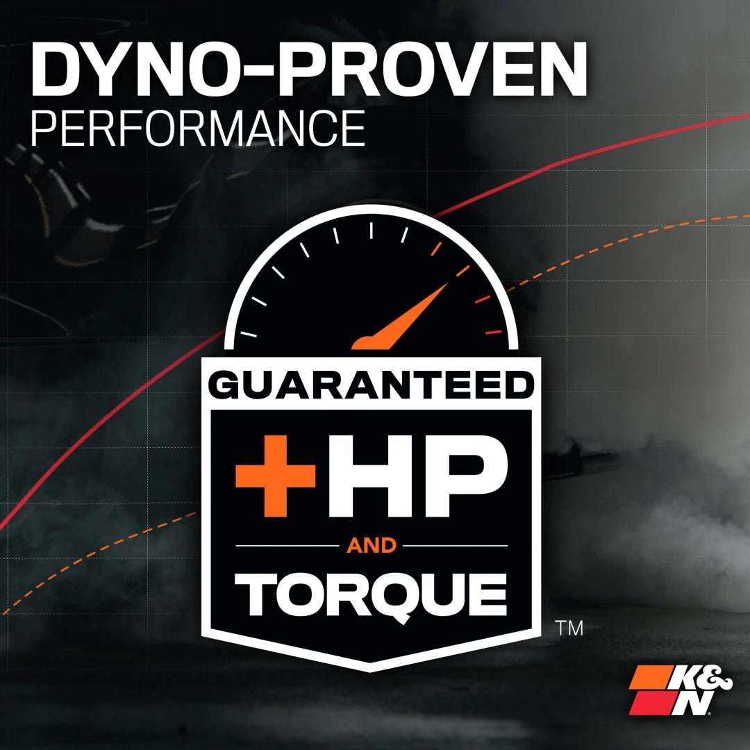 Advertisement for K&N products with dyno-proven performance claims on a dark background.