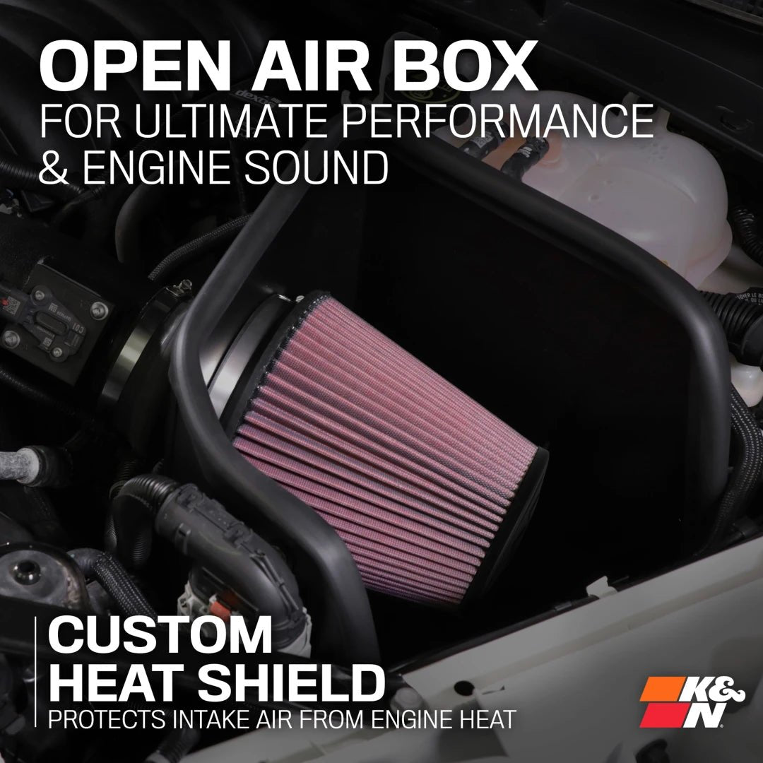 Car air filter with open air box and K&N logo on a dark background