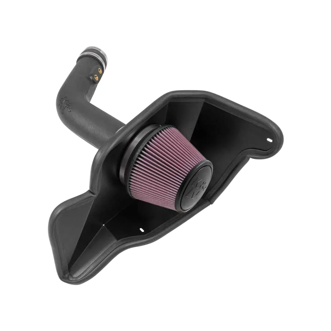 Black K&N Mustang air filter housing with red air filter on a white background
