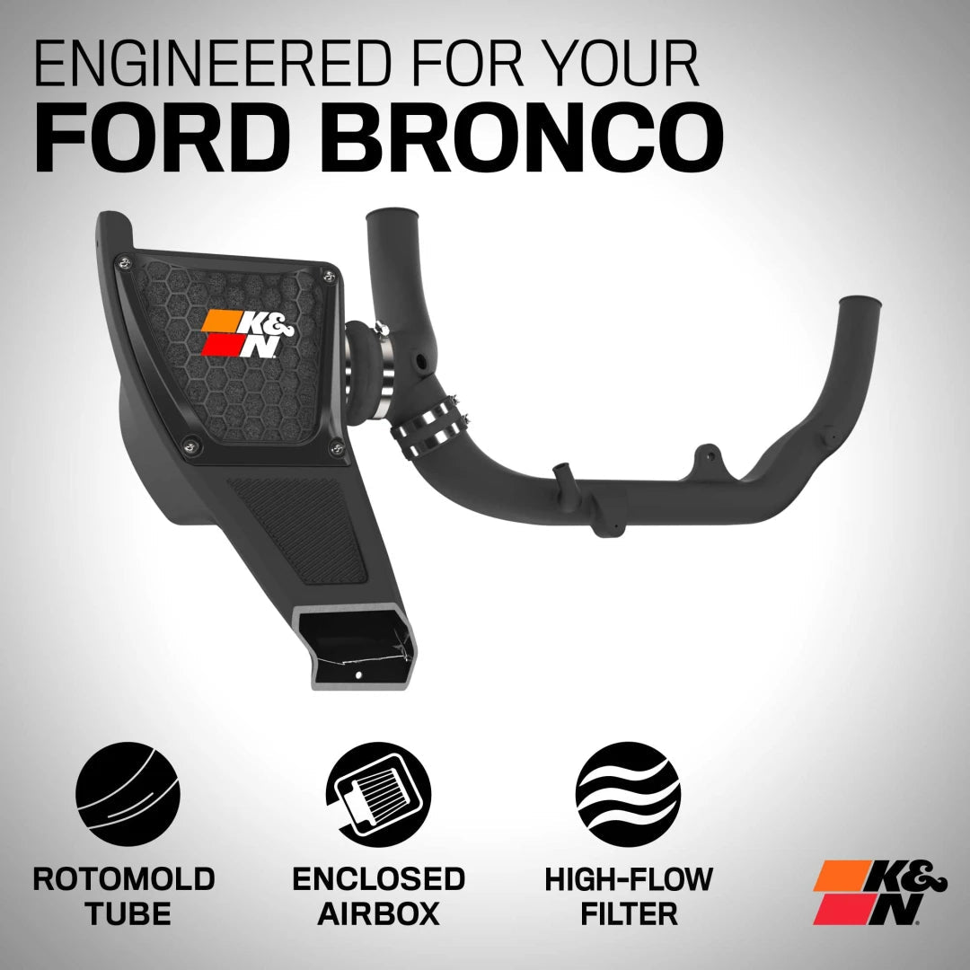 K&N Ford Bronco automotive parts with text 'Engineered for your Ford Bronco' on a gray background.
