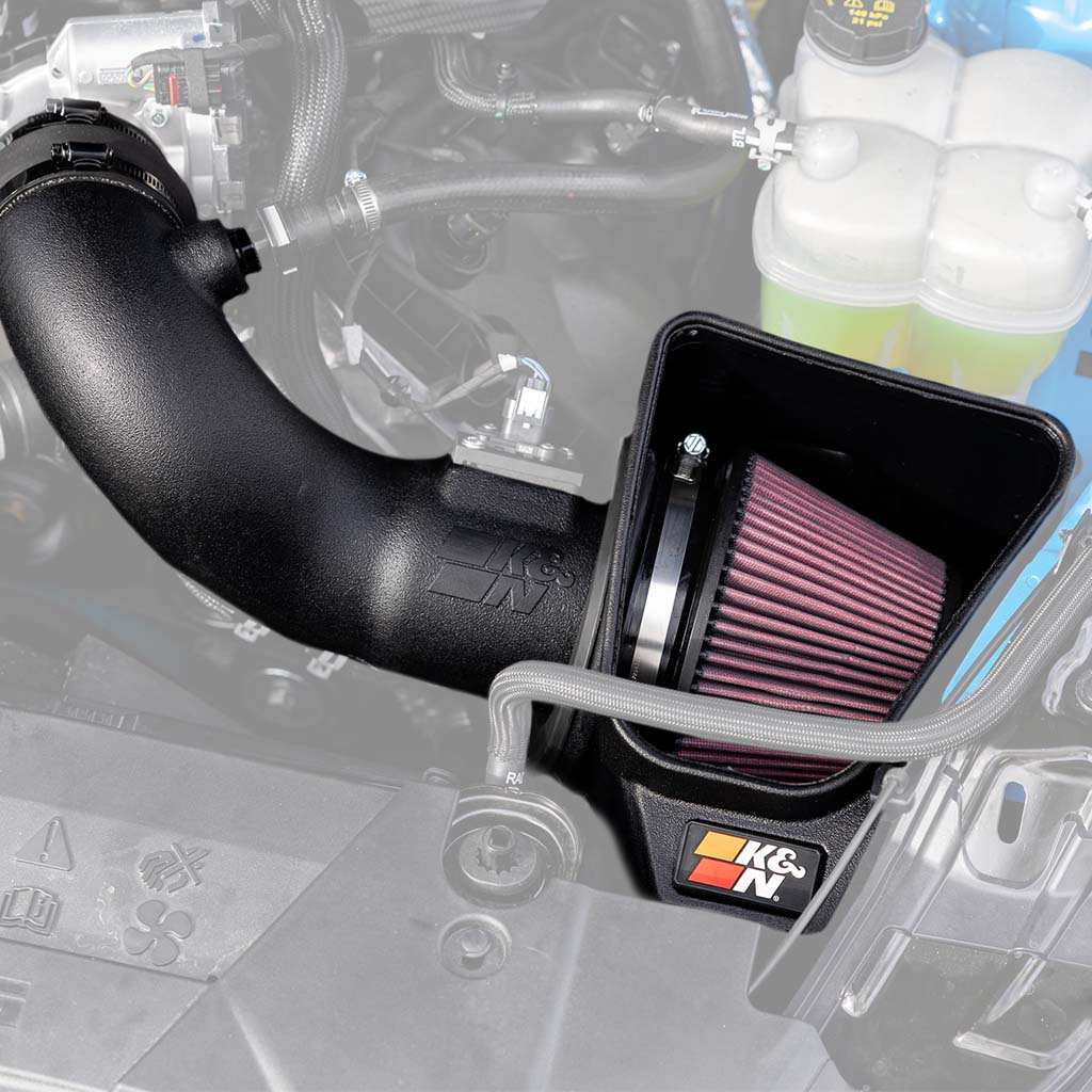 K&N Cold Air Intake System for 2024+ Mustang, featuring a black intake tube and conical air filter, enhancing engine performance and airflow.