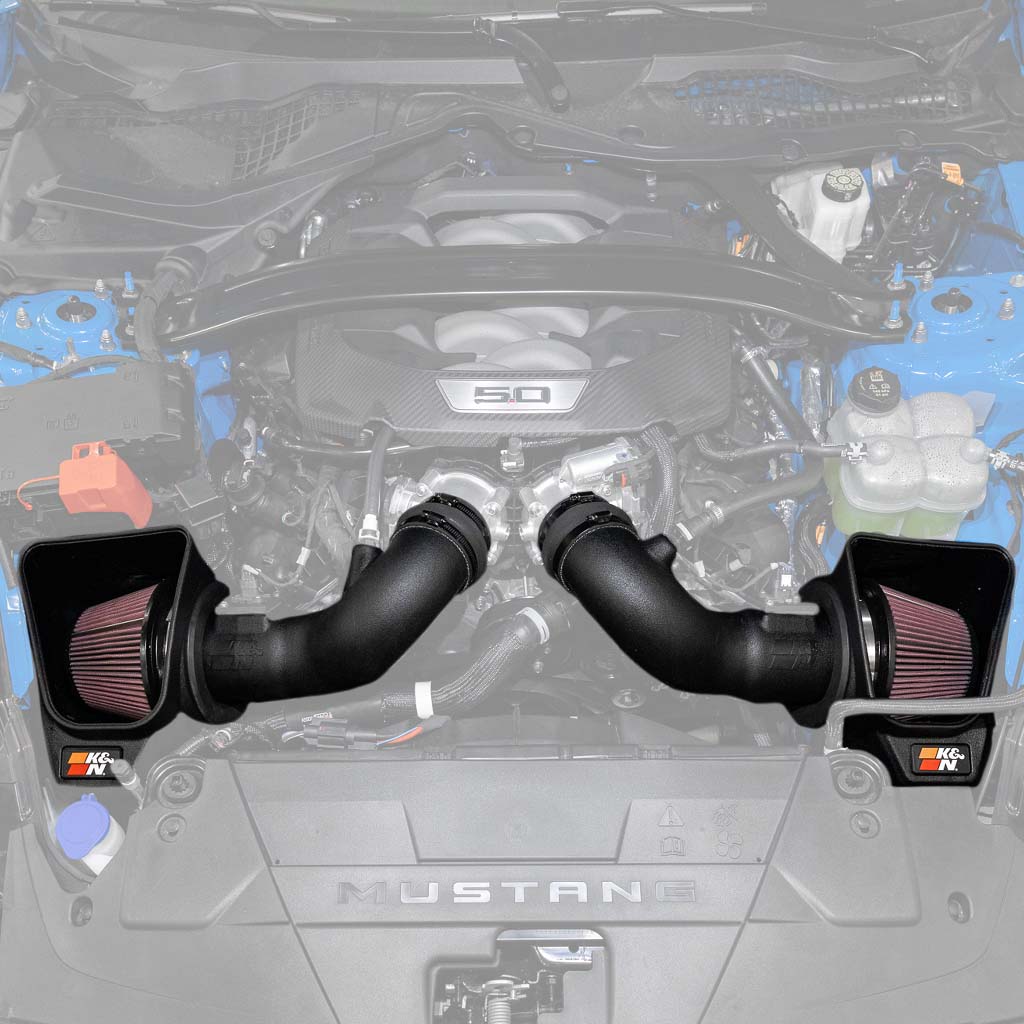 K&N Cold Air Intake System for 2024+ Mustang GT/Dark Horse, featuring a close-up of the high-flow air filter and intake tube for enhanced performance.