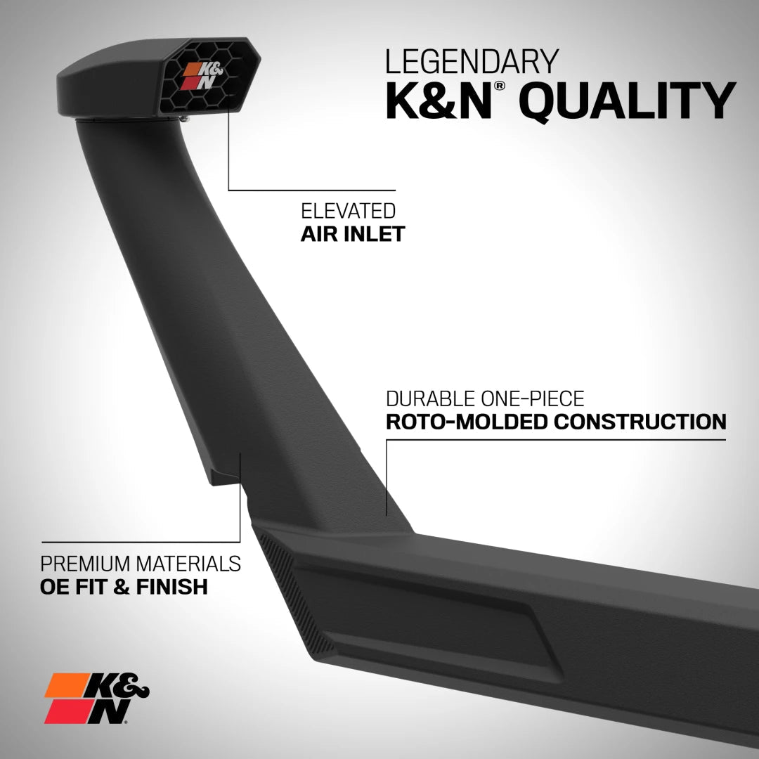K&N air intake system with text highlighting features on a gray background