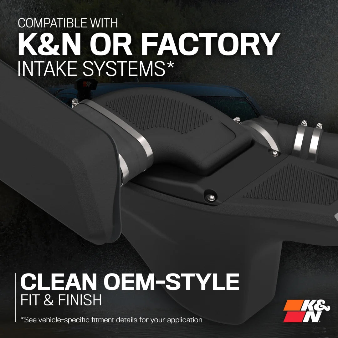 K&N air intake system on a Bronco with text indicating compatibility and features.