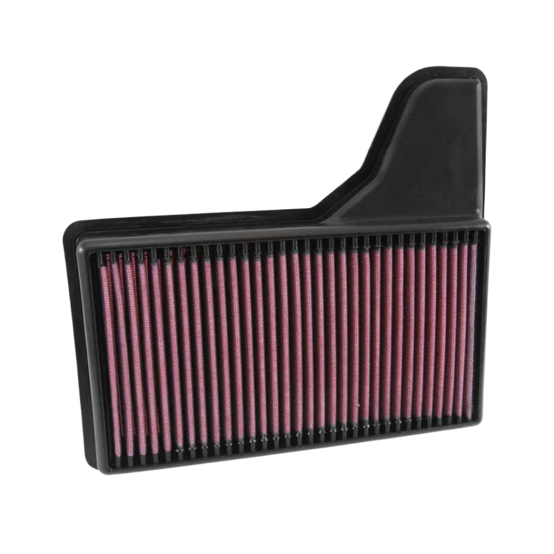 K&N High-Flow Air Filter for 2015-2023 Ford Mustang, shown in close-up, highlighting its oiled cotton media construction for enhanced airflow and performance.