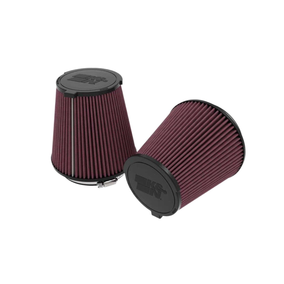 K&N High-Flow Air Filter for 2024+ Mustang GT and Dark Horse, shown close-up, highlighting its durable design and performance-enhancing features for improved engine efficiency.