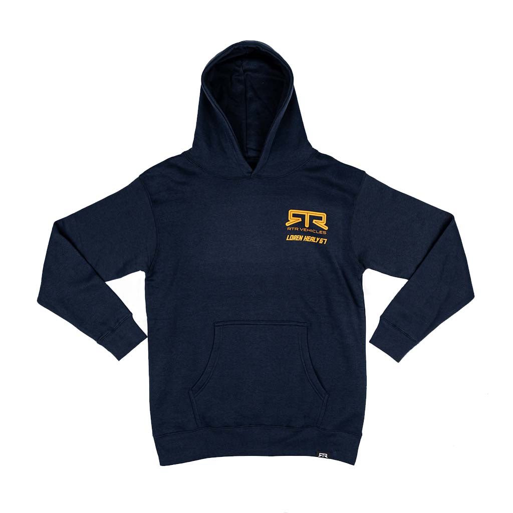 Loren Healy Flat Out Hoodie with a navy-blue design, featuring a kangaroo pocket, hood, and yellow RTR Vehicles logo on the chest.