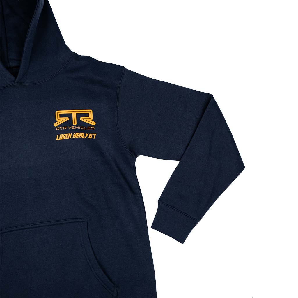 Navy-blue hoodie with yellow-orange RTR Vehicles logo and Loren Healy 67 on chest, featuring a kangaroo pocket and extending right sleeve.