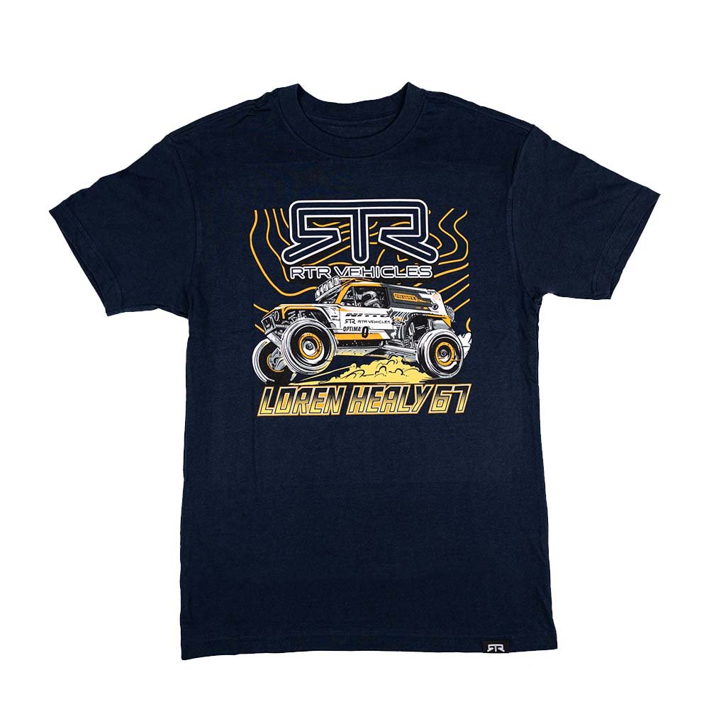 Navy blue t-shirt with a graphic of a Ultra4 4400 Ford bronco and Loren Healy's name on a white background