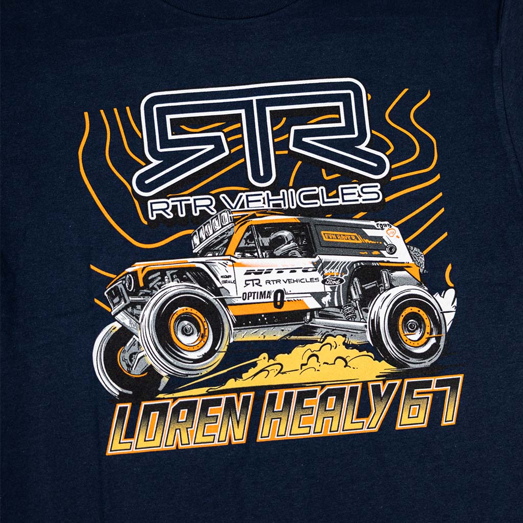 Navy blue t-shirt with a graphic of a Ultra4 4400 Ford bronco and Loren Healy's name and RTR Vehicles branding
