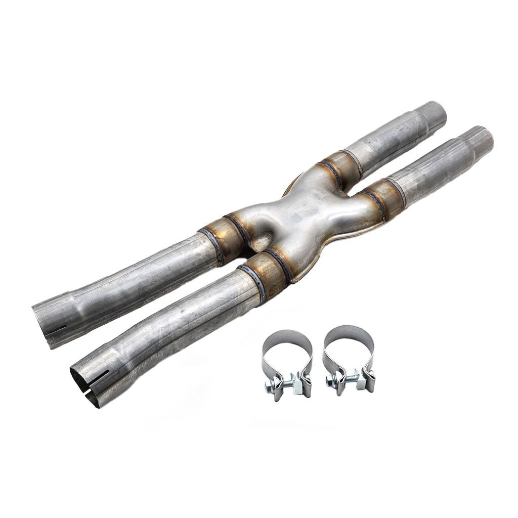Metallic exhaust pipe system with clamps on a white background
