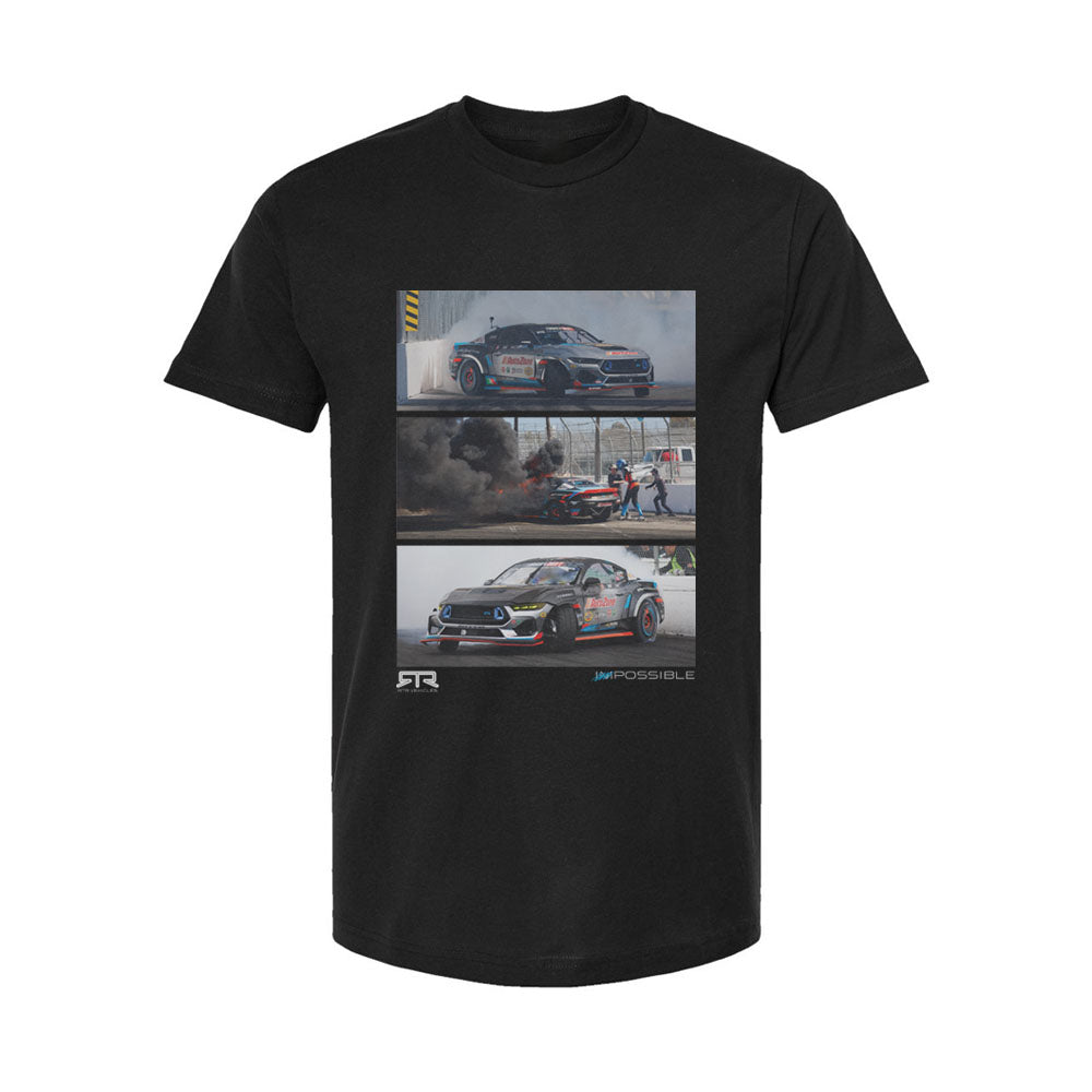 Black t-shirt featuring images of James Deane's race car engulfed in smoke on track. Limited-edition Never Quit Tee and Poster Bundle celebrating Formula Drift victory.