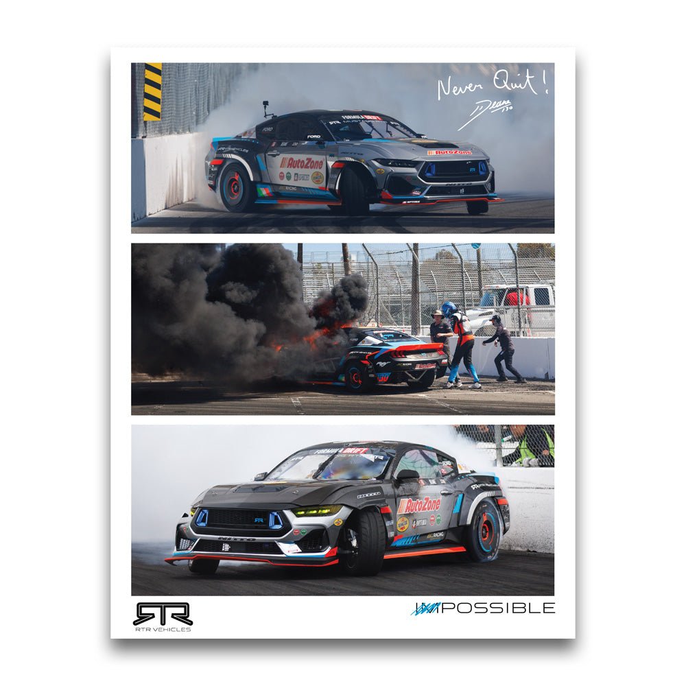 A collage of James Deane's competition Mustang poster capturing his Formula Drift Long Beach victory.