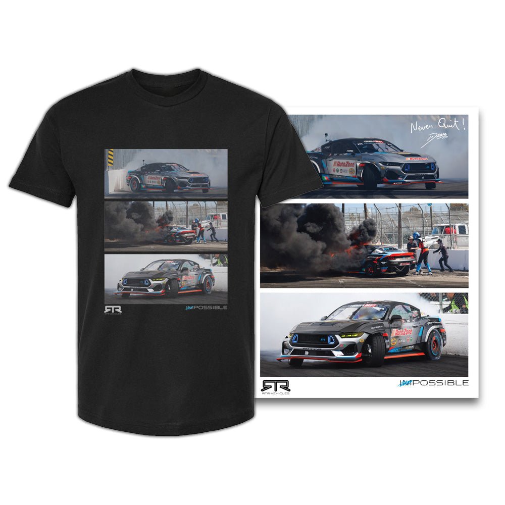 Never Quit Tee and Poster Bundle featuring images of James Deane's car on track, with a Never Quit motto in his handwriting. Ideal for Formula Drift and RTR Drift Team fans.