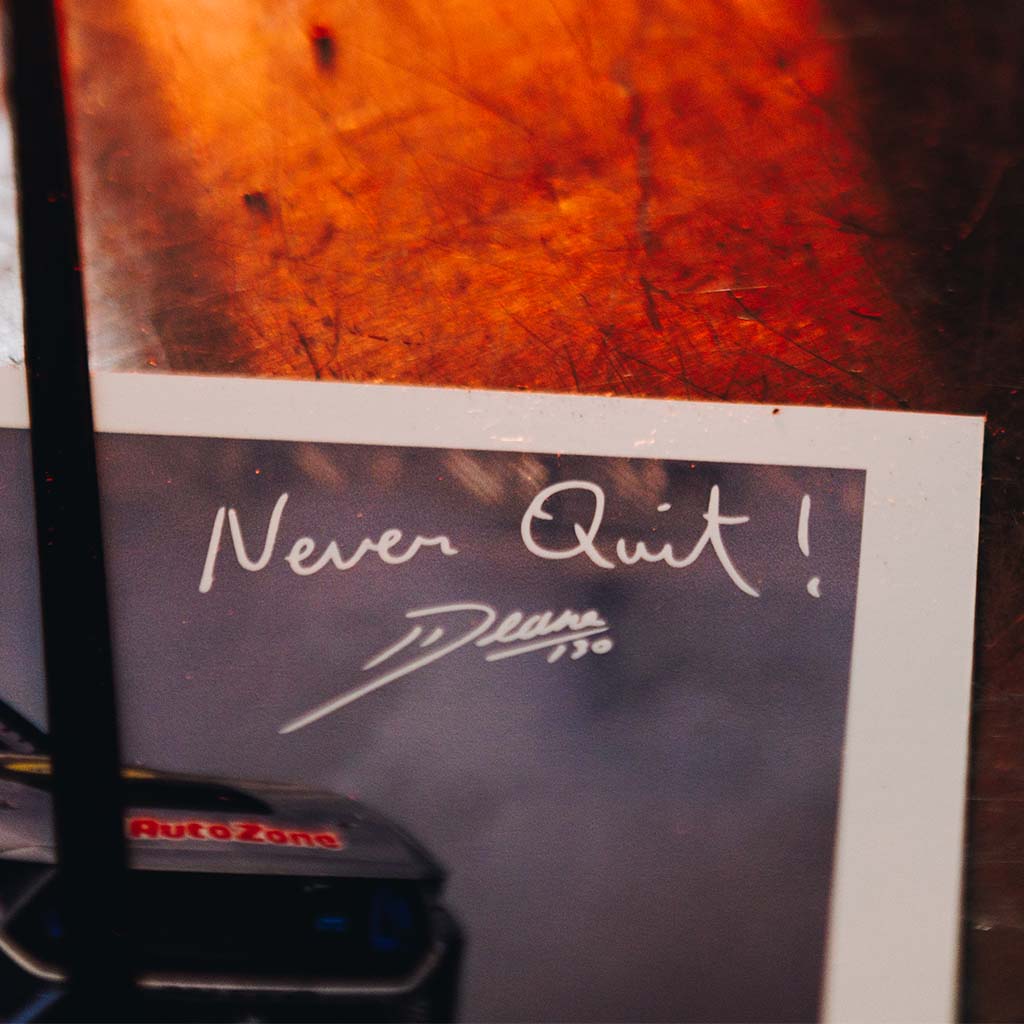 Close-up of Never Quit Poster's hand-written Never Quit message and signature. Formula Drift Long Beach victory captured in 3 panels.