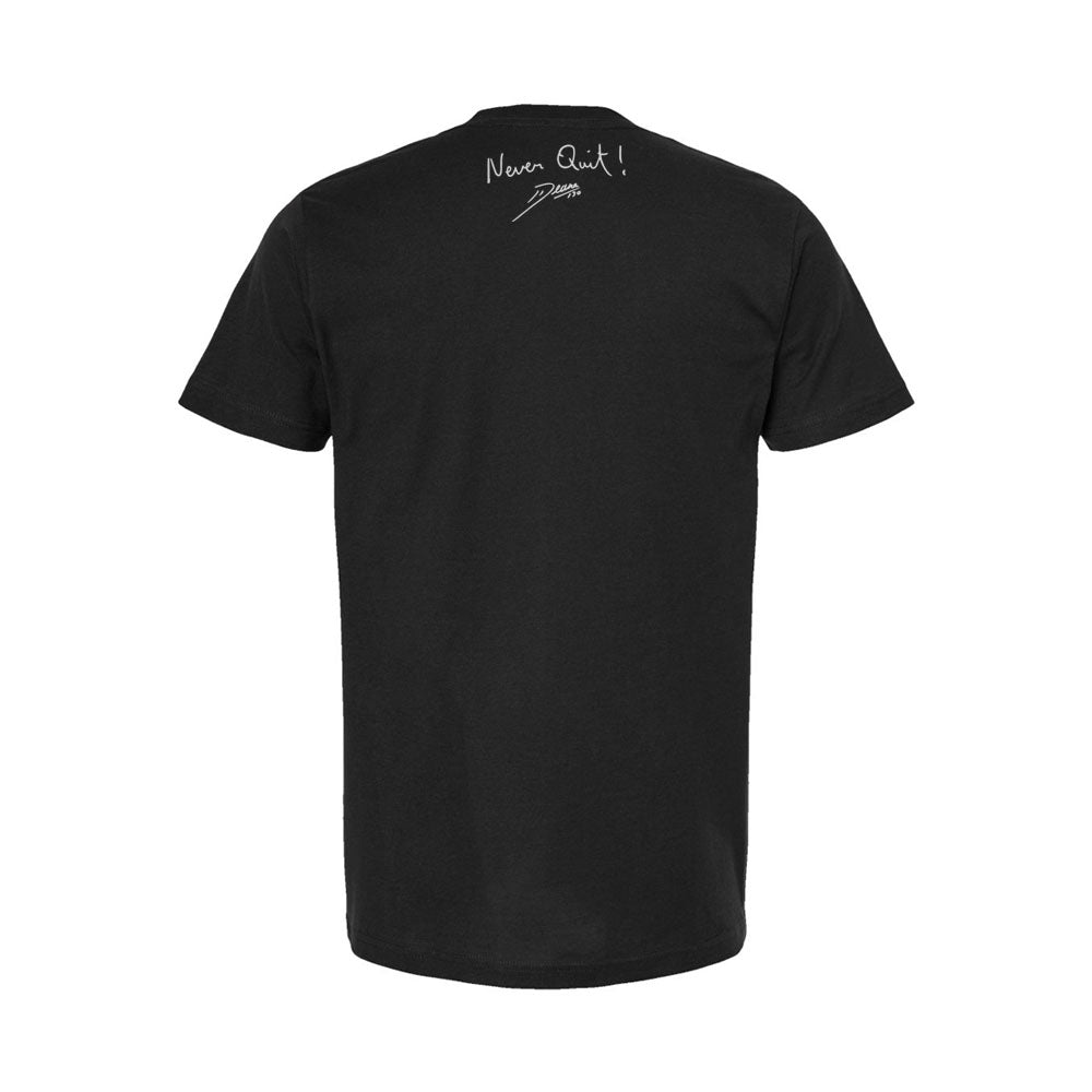 Black tee with white Never Quit writing, featuring James Deane's car photos and handwritten note. Ideal for Formula Drift and RTR Drift Team fans.