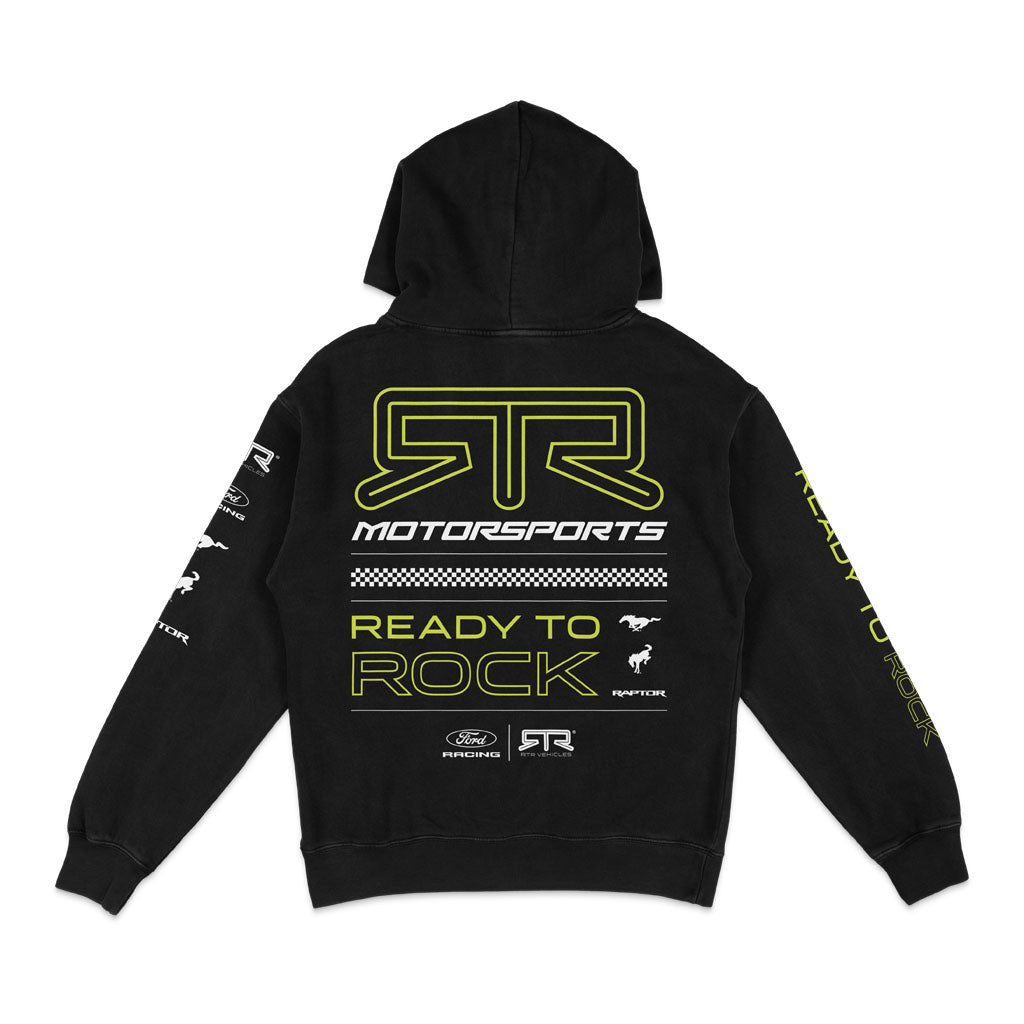 Back view of the Black 2026 RTR Motorsport Collection Essential Pullover Hoodie