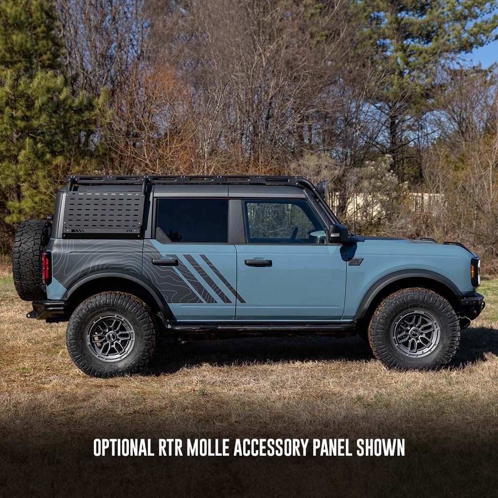 RTR Roof Rack & Light Bar for 21+ Bronco, 22+ Bronco Raptor: Steel plate construction, sleek design, integrated light bar, and optional Molle accessory panels for adventure-ready versatility.